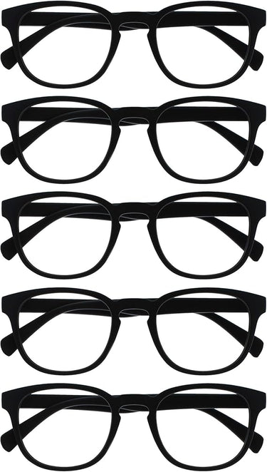 OPULIZE Pop Gafas de Lectura Pack de 5 Redondas Negro Mate Satinado Bisagras con Muelle Resistentes a los Arañazos Hombre Mujer RRRRR2-1 +1.00